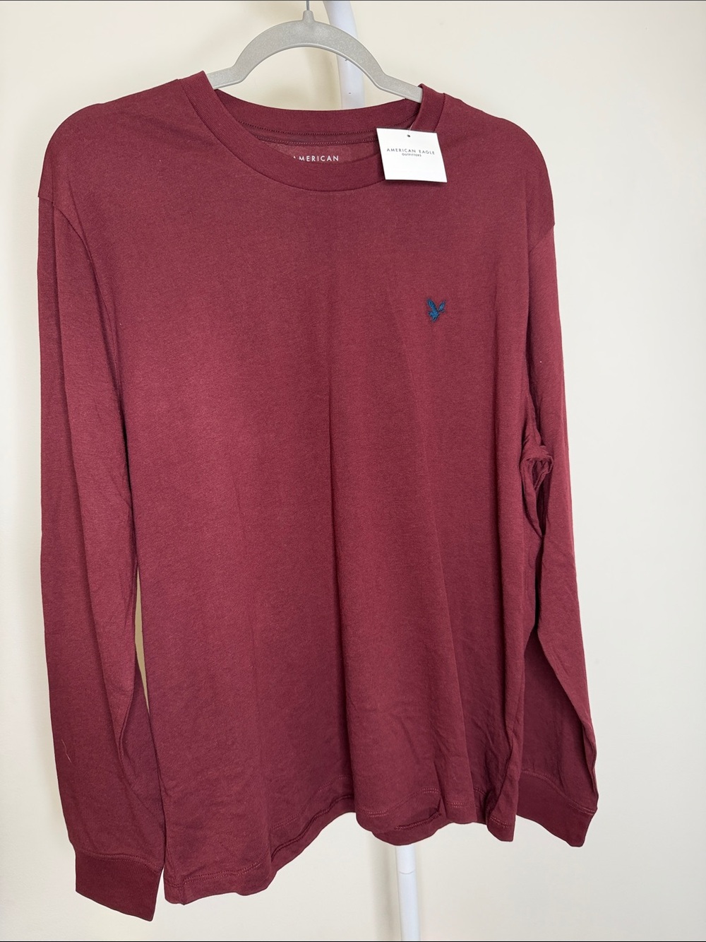 American Eagle Outfitters Men's Long-Sleeve Crewneck Shirt - Wine with Blue Logo